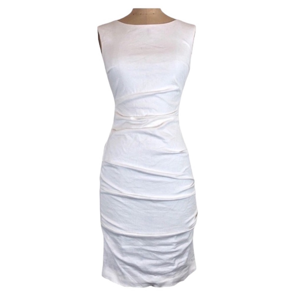 Nicole Miller Atelier White Linen sheath dress flattering ruching size 8